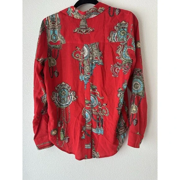 Maeve Anthropologie Whimsy Button Up Shirt Women Sz 6 Red All Over Print Motif - Picture 5 of 9